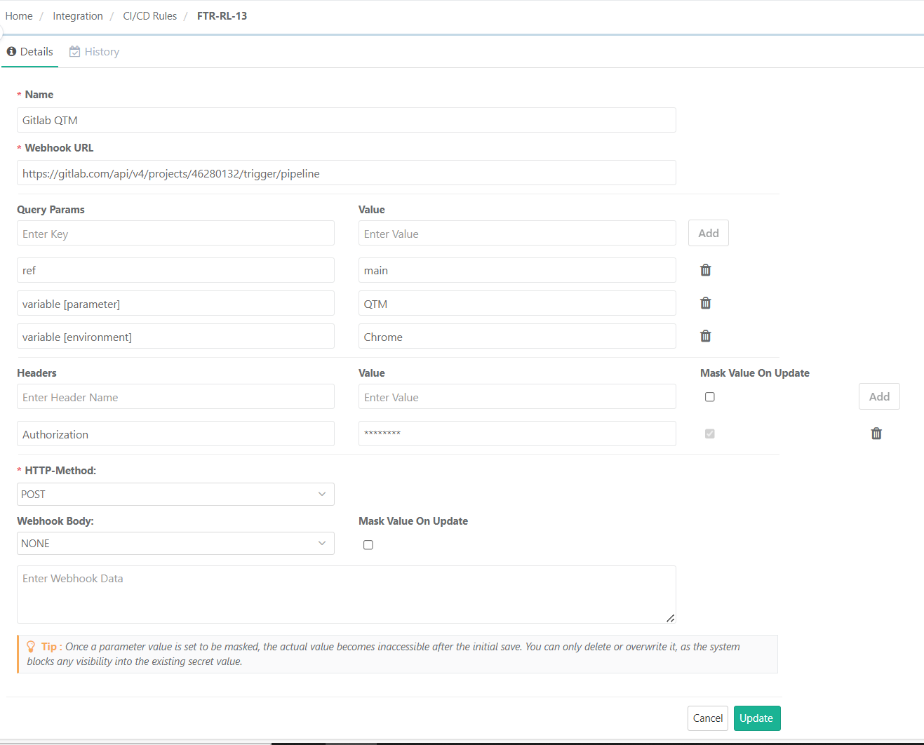 CI/CD rule configuration screen in QMetry showing setup for a GitLab QTM rule with parameters. The Webhook URL, authorization header, and POST method are defined. Query parameters include ref: main, variable [parameter]: QTM, and variable [environment]: Chrome.