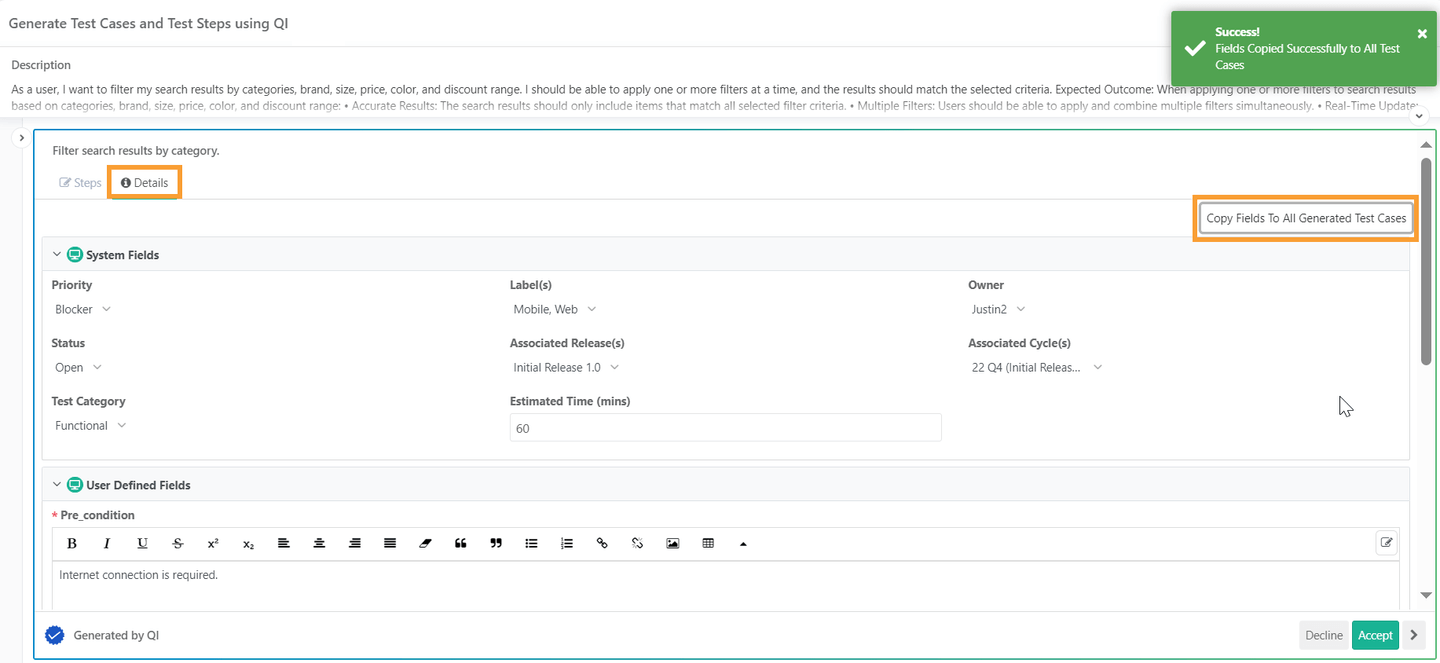 Reviewing and Editing QI-Generated Test Case Details Screenshot of the “Select folder for Test Cases” step showing system fields, user-defined fields, and the option “Copy Fields To All Generated Test Cases.” The Details tab is highlighted.