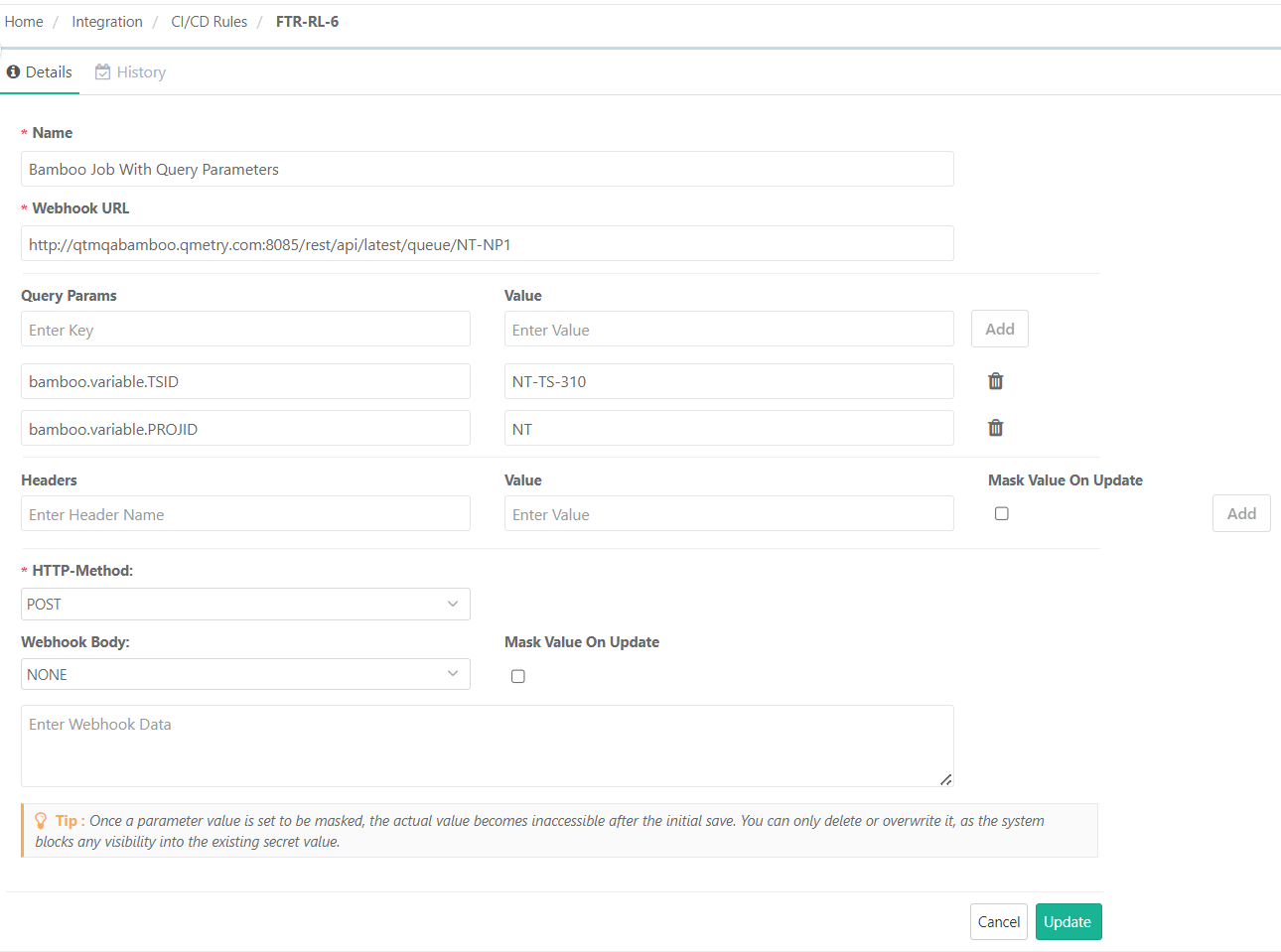 Example configuration of a Bamboo CI/CD rule with query parameters in QMetry.