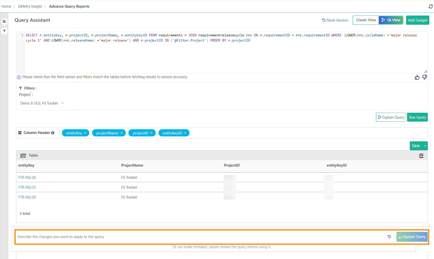QMetry Query Assistant interface displaying an executed SQL query with results in a table format. The highlighted “Update Query” section allows users to describe and apply changes to the generated query for refining output or adjusting report parameters.