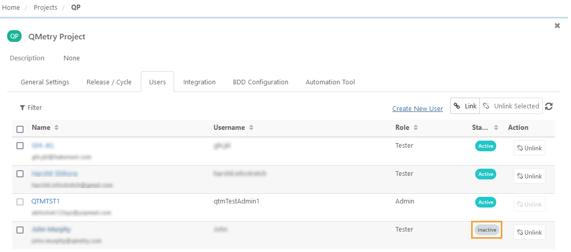 SCIM Deprovisioning Updates User Status to Inactive QMetry Project Users tab showing a list of users with their roles and statuses. One user’s status is marked as Inactive, highlighted in orange. This indicates successful SCIM deprovisioning from Okta—when the user was unassigned or deactivated in Okta, the corresponding user in QMetry was automatically marked inactive.
