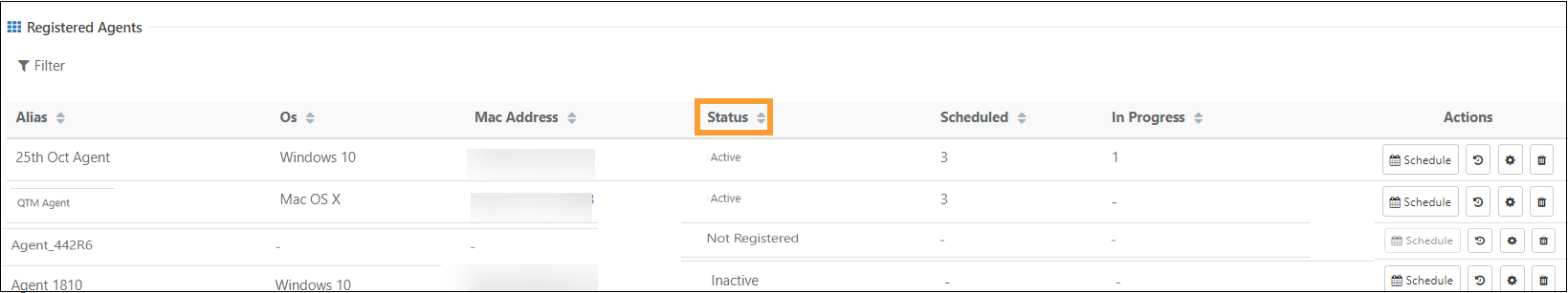 QMetry Registered Agents – Linux/MacOS and Windows Screenshot of the Registered Agents list in QMetry showing multiple agents with details such as alias, operating system (Windows, Mac OS X), MAC address, status (Active, Not Registered, Inactive), schedules, and actions.