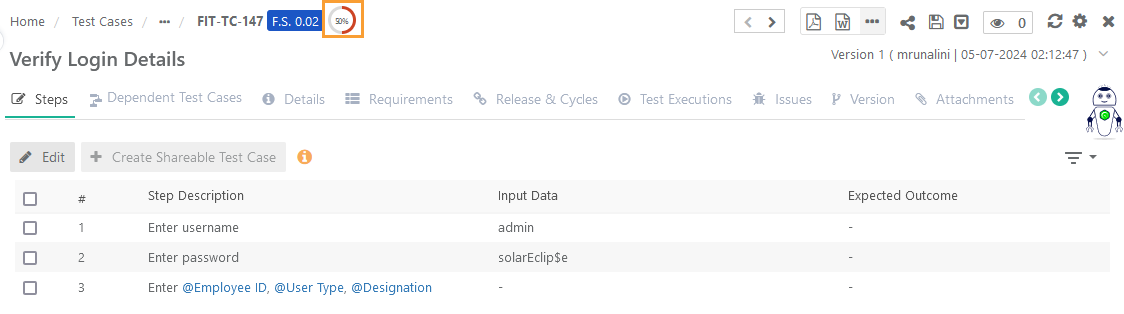 View Success Rate on Test Case Detail Page QMetry Test Case detail view showing the Verify Login Details test case. The page highlights the Success Rate indicator set to 50% next to the Flaky Score (F.S. 0.02) label at the top. The Steps tab lists step descriptions, input data, and expected outcomes for the test case.