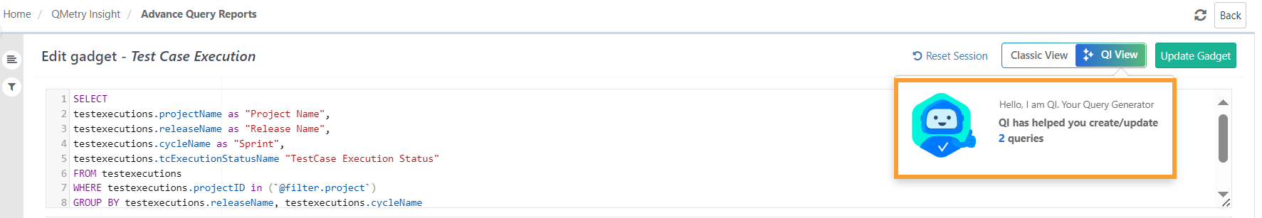QMetry Insight interface displaying the QI assistant message, “QI has helped you create/update 2 queries,” indicating the total number of SQL queries generated or modified using the Query Intelligence (QI) feature.