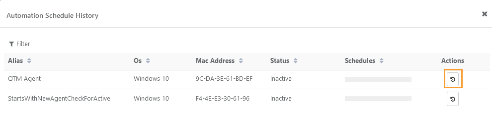 QMetry Automation Schedule History Screenshot of the Automation Schedule History window in QMetry showing a list of agents with columns for alias, OS, MAC address, status, schedules, and actions. The Actions column includes a history icon for viewing schedule history.
