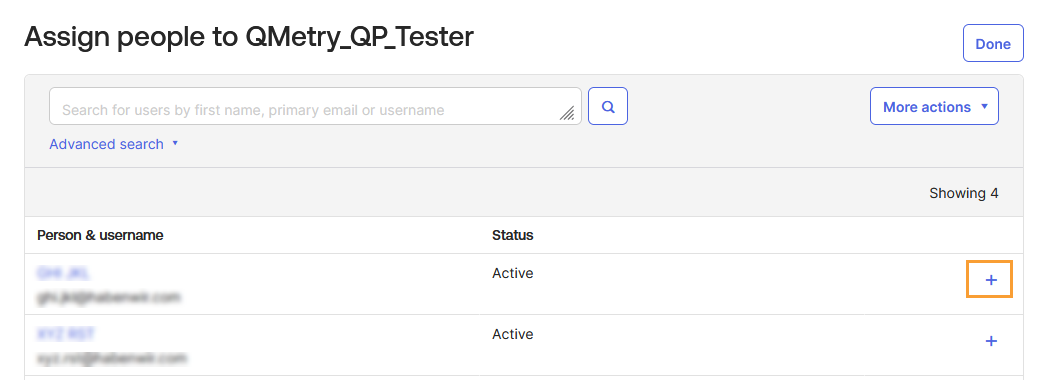 Add Users to Okta Group for SCIM Provisioning Okta interface showing the Assign people to QMetry_QP_Tester dialog. A list of active users appears with a plus (+) icon on the right side to assign them to the group. Once selected, these users will be provisioned to QTM App SCIM automatically through the SCIM integration.