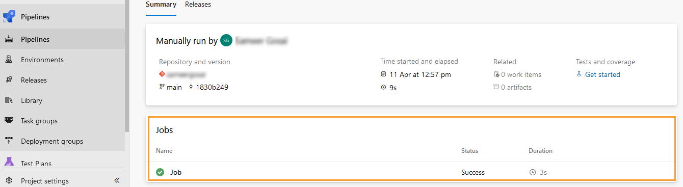Azure DevOps pipeline summary page displaying manually triggered build details, including job name, status as Success, and duration under the Jobs section.