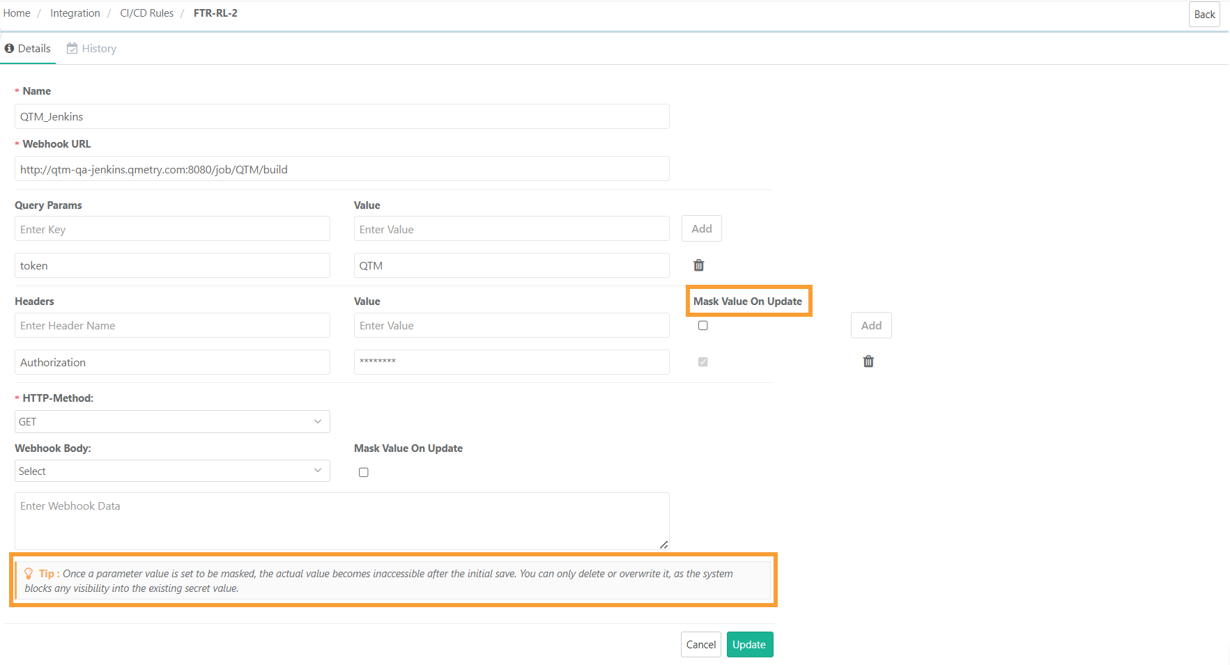 CI/CD Rule configuration screen showing fields such as Name, Webhook URL, Query Params, Headers, HTTP Method, Webhook Body, and options like "Mask Value on Update." A tip at the bottom explains that masked values cannot be viewed after saving.