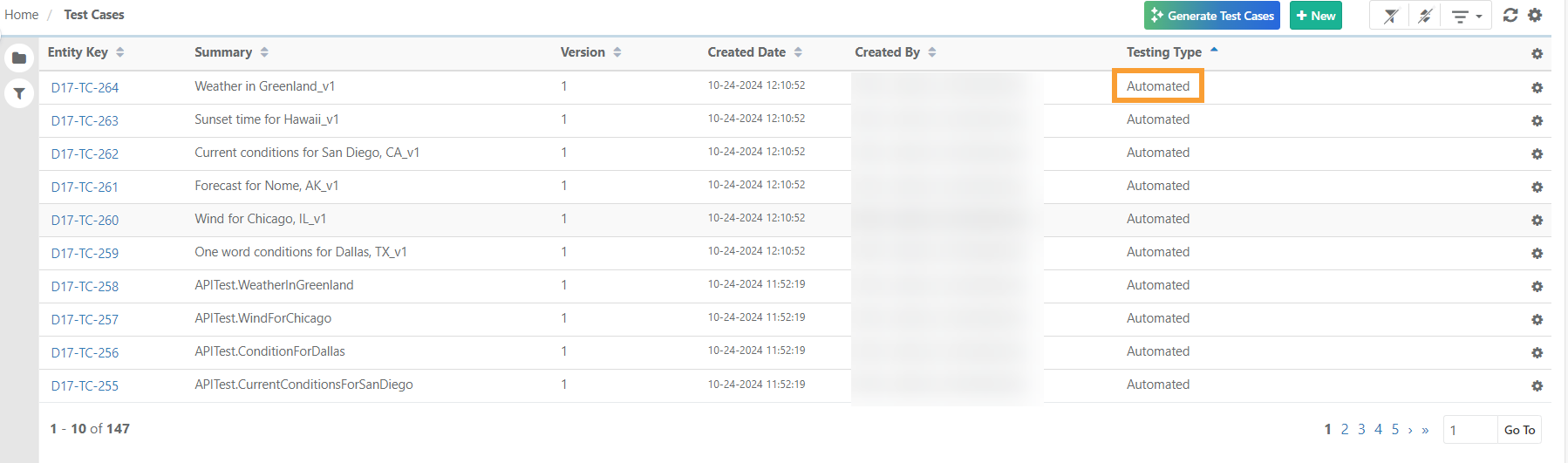 QMetry Test Cases List: Automated Testing Type Screenshot of the Test Cases page in QMetry showing a list of test cases with details such as entity key, summary, version, created date, created by, and testing type marked as Automated.
