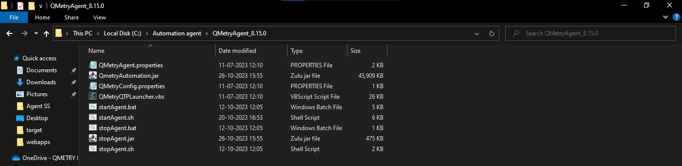 Extracted QMetry Automation Agent Files on Windows Screenshot of the extracted QMetry Automation Agent folder (QMetryAgent_8.15.0) in Windows File Explorer showing configuration files, JAR files, batch files, shell scripts, and VBScript launcher.