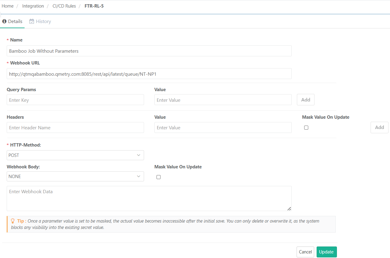 Example configuration of a Bamboo CI/CD rule without parameters in QMetry.