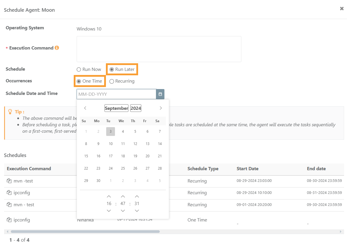 QMetry Schedule Automation Agent – Run Later Option Screenshot of the Schedule Agent window in QMetry showing the “Run Later” option with occurrence set to “One Time” and a date-time picker for scheduling execution. The schedules list below shows recurring and one-time tasks.
