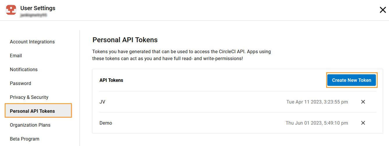 CircleCI User Settings page showing the Personal API Tokens section with existing tokens listed and an option to create a new token using the Create New Token button.