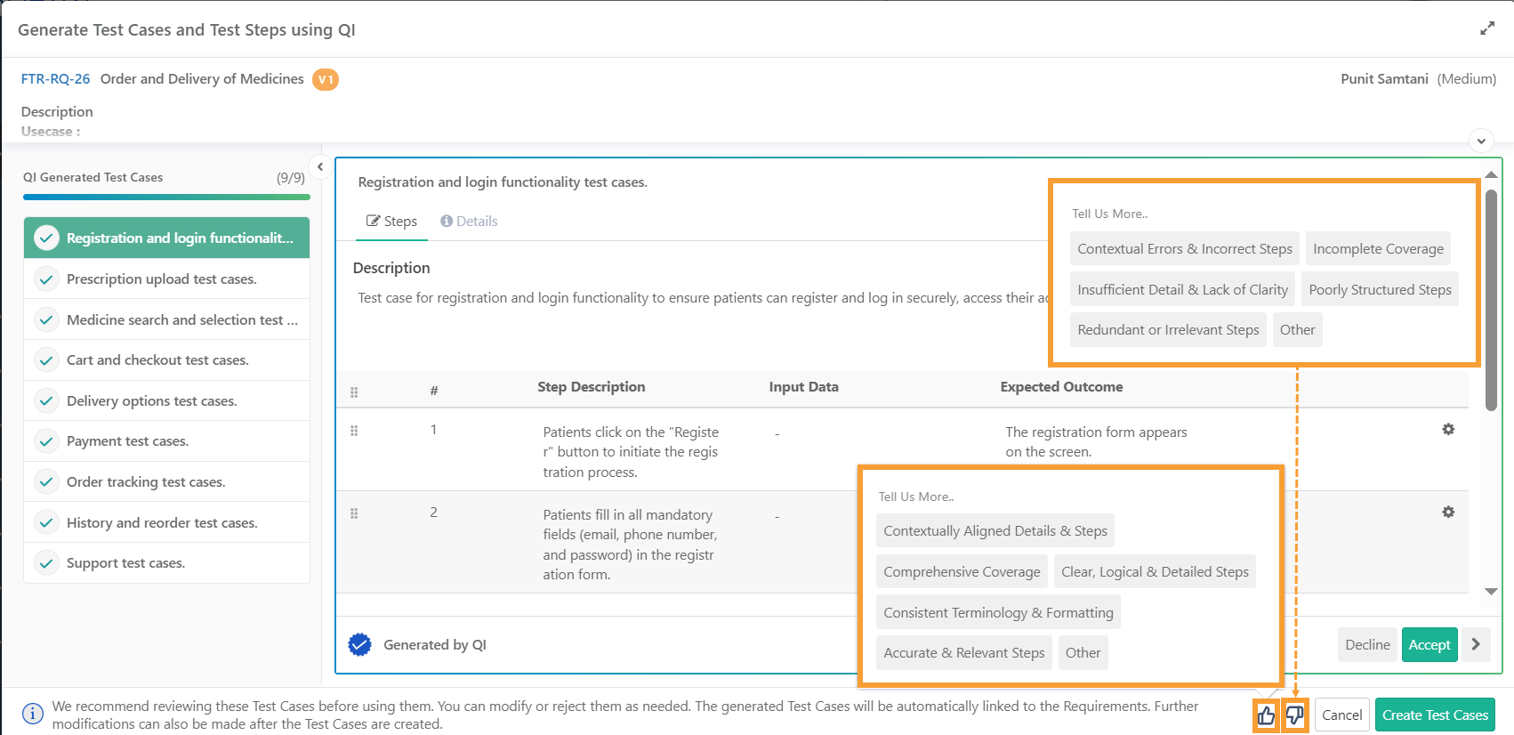 Sharing Feedback on Auto-Generated Test Cases Screenshot of the QI-generated test case preview with feedback options highlighted, including positive and negative categories such as contextual accuracy, insufficient detail, or incomplete coverage