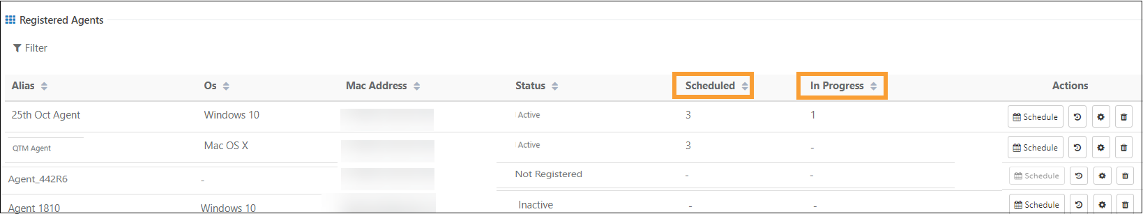 QMetry Registered Agents – Scheduled and In Progress Counts Screenshot of the Registered Agents table in QMetry highlighting the Scheduled and In Progress columns, showing the number of scheduled and running executions for each agent.