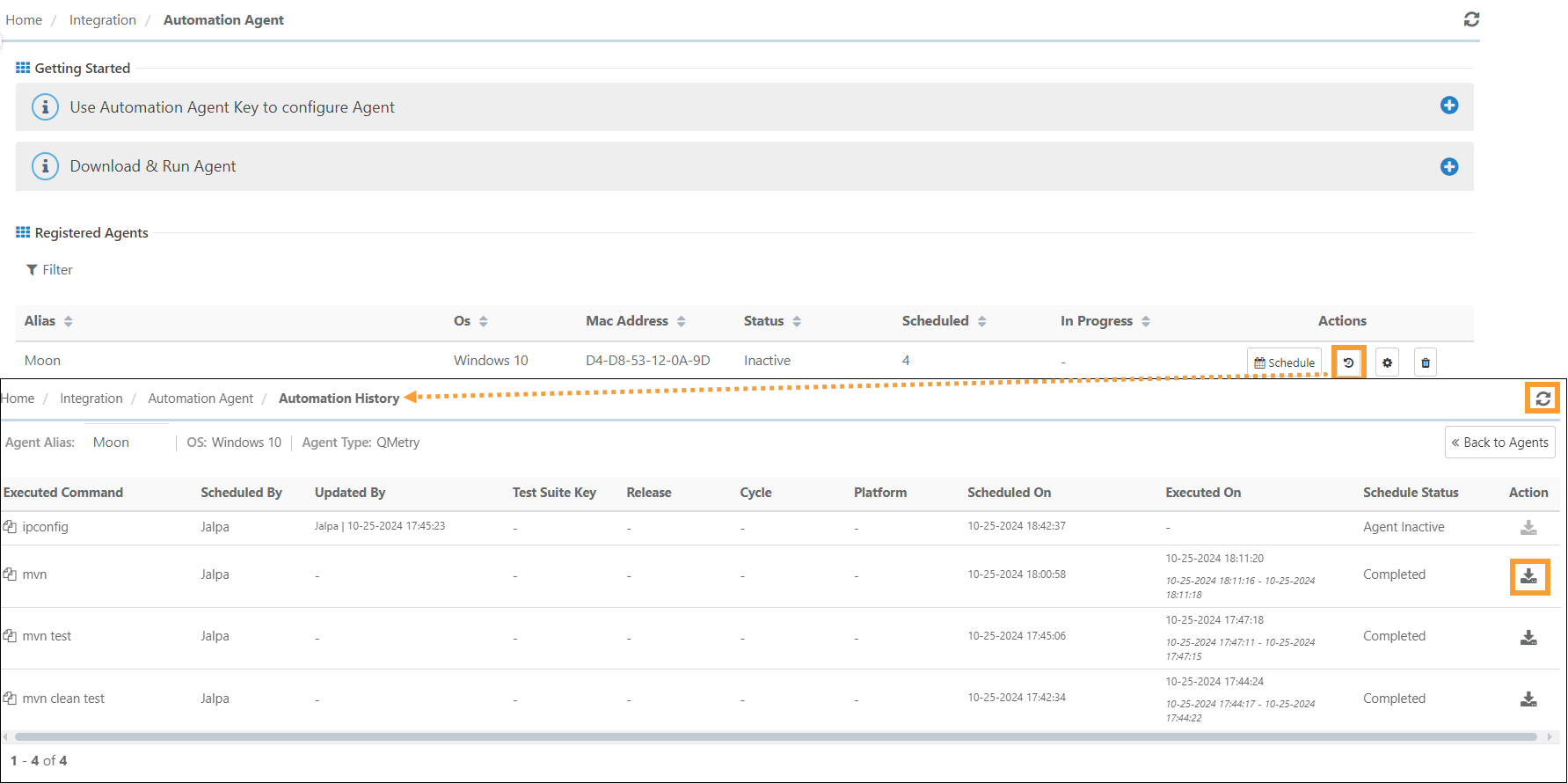 QMetry View Automation History Screenshot of the Automation Agent page in QMetry showing the transition from Registered Agents to Automation History. The Automation History section lists executed commands with details such as scheduled by, executed on, schedule status (e.g., Completed, Agent Inactive), and an option to download logs.