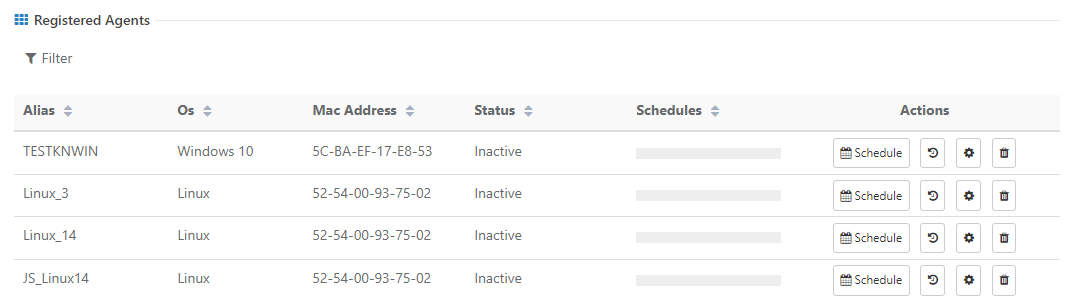 QMetry Registered Agents List Screenshot of the Registered Agents table in QMetry showing agent alias, operating system, MAC address, status, schedules, and available actions.