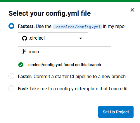 CircleCI dialog showing options to select or create a .circleci/config.yml file from the repository to set up the CI pipeline.