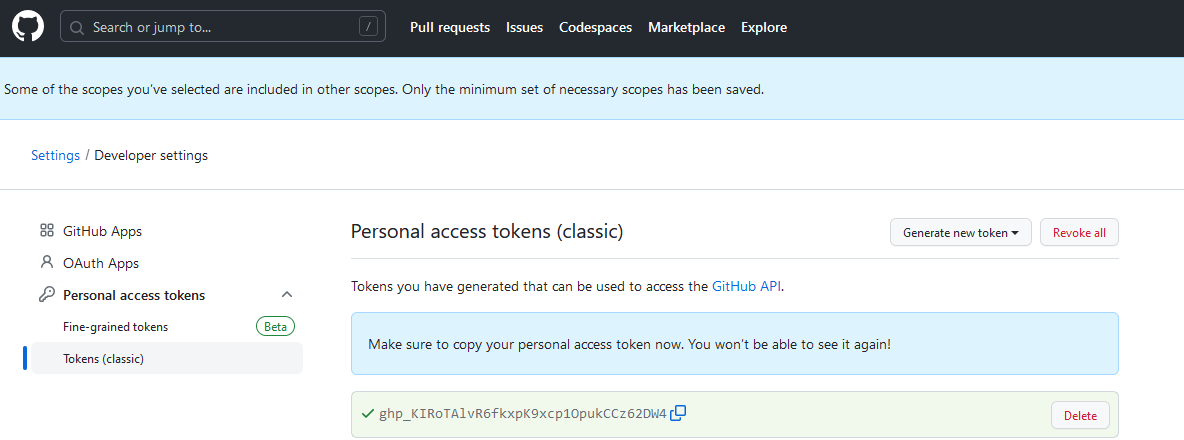 GitHub Personal access tokens (classic) page showing a newly generated token highlighted in green with a reminder to copy it immediately, as it will not be visible again later.