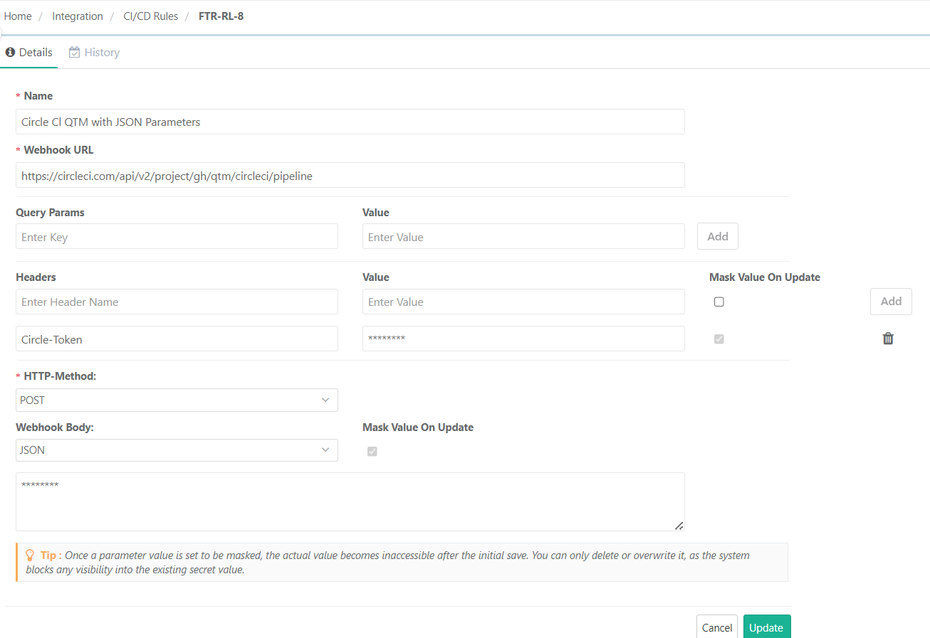 CI/CD rule configuration screen showing setup for “Circle CI QTM with JSON Parameters,” including a webhook URL, HTTP method POST, JSON webhook body, and masked Circle-Token header field.