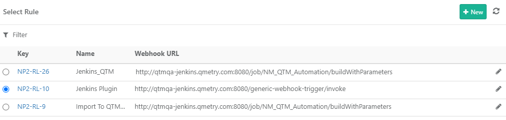CI/CD rule selection screen displaying a list of available rules with their keys, names, and webhook URLs.