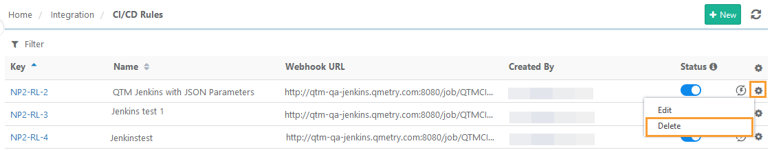 CI/CD Rules list view with the action menu expanded, showing the Delete option for a selected rule.