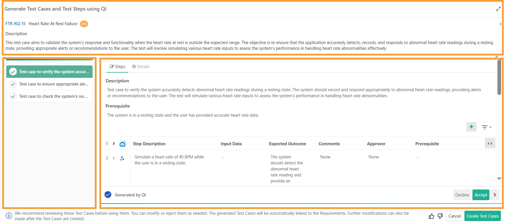 Accepting or Declining a Generated Test Case Screenshot of a QI-generated test case showing the Accept and Decline buttons used to approve or reject the automatically generated test case.