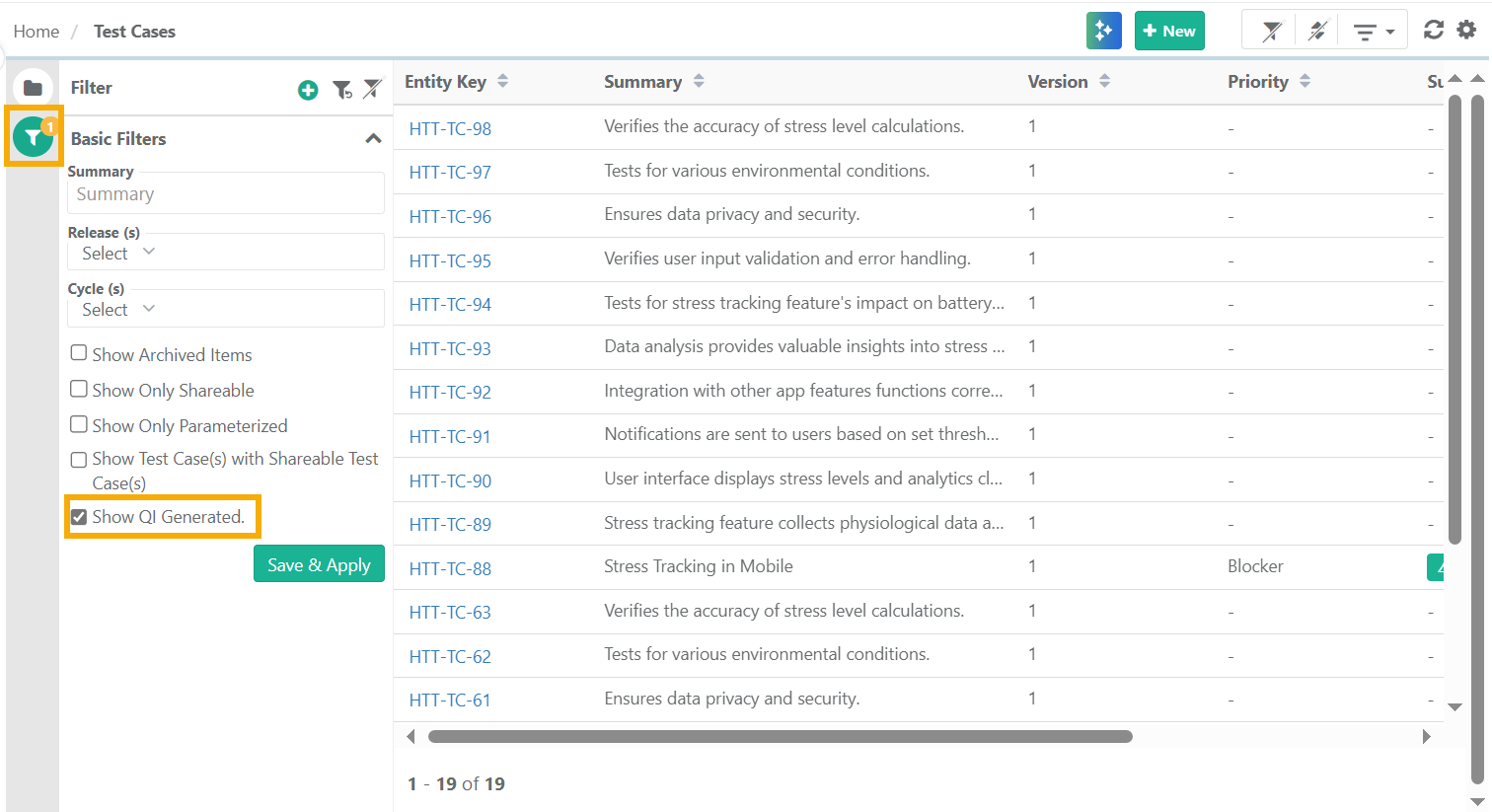 Filtering Test Cases to Show QI-Generated Items Screenshot of the Test Cases grid in QMetry with the filter panel open. The “Show QI Generated” checkbox is selected to display only test cases created by QI.