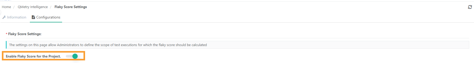 QMetry Flaky Score Settings page under QMetry Intelligence showing the configuration option Enable Flaky Score for the Project toggled on. This setting allows administrators to activate flaky score calculation for selected test executions within a specific project.