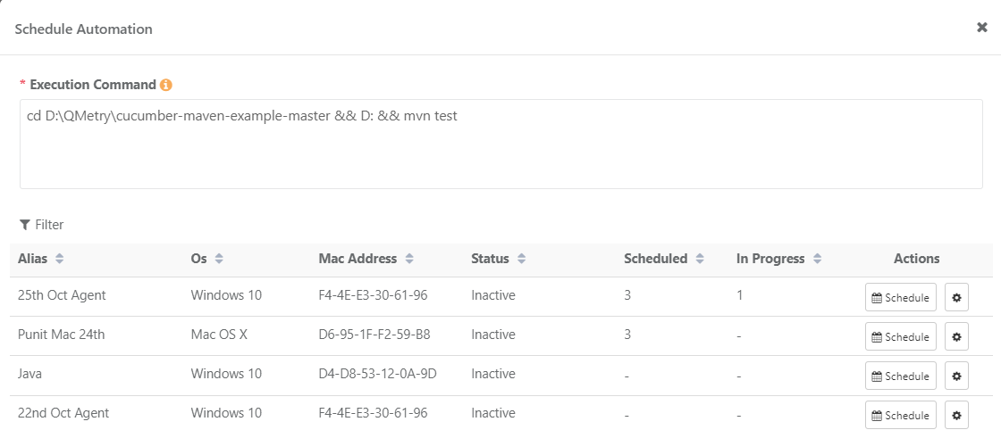 QMetry Define Execution Command for Schedule Automation Screenshot of the Schedule Automation dialog in QMetry showing an execution command field with a Maven test command and a list of registered agents with details such as alias, OS, MAC address, status, and actions.