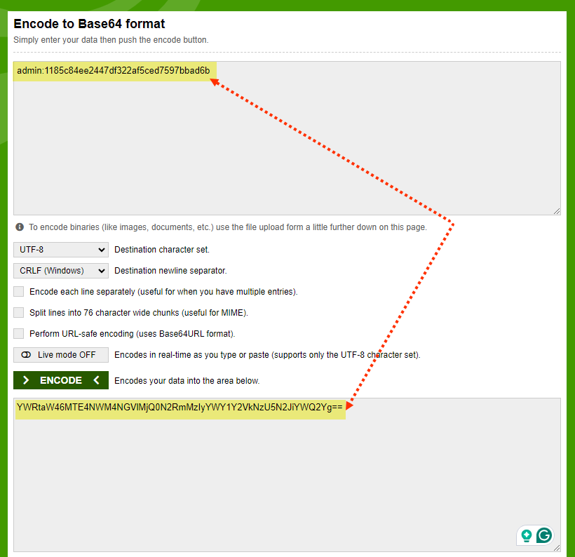 Example showing how to encode a username and API token into Base64 format for Jenkins authentication.