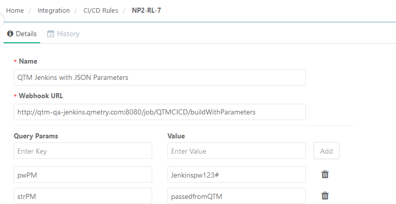 CI/CD Rule details page showing name, webhook URL, and query parameters with values.