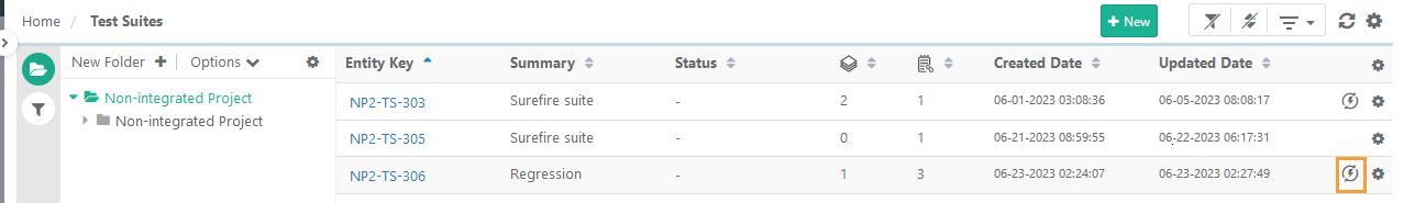 Test Suites list view showing the CI/CD rule trigger icon highlighted for the Regression test suite.