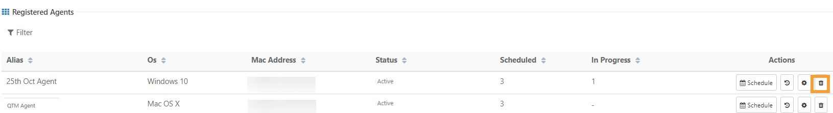 QMetry Delete Automation Agent Screenshot of the Registered Agents table in QMetry showing the delete (trash bin) icon under the Actions column, used to remove an automation agent from the system.