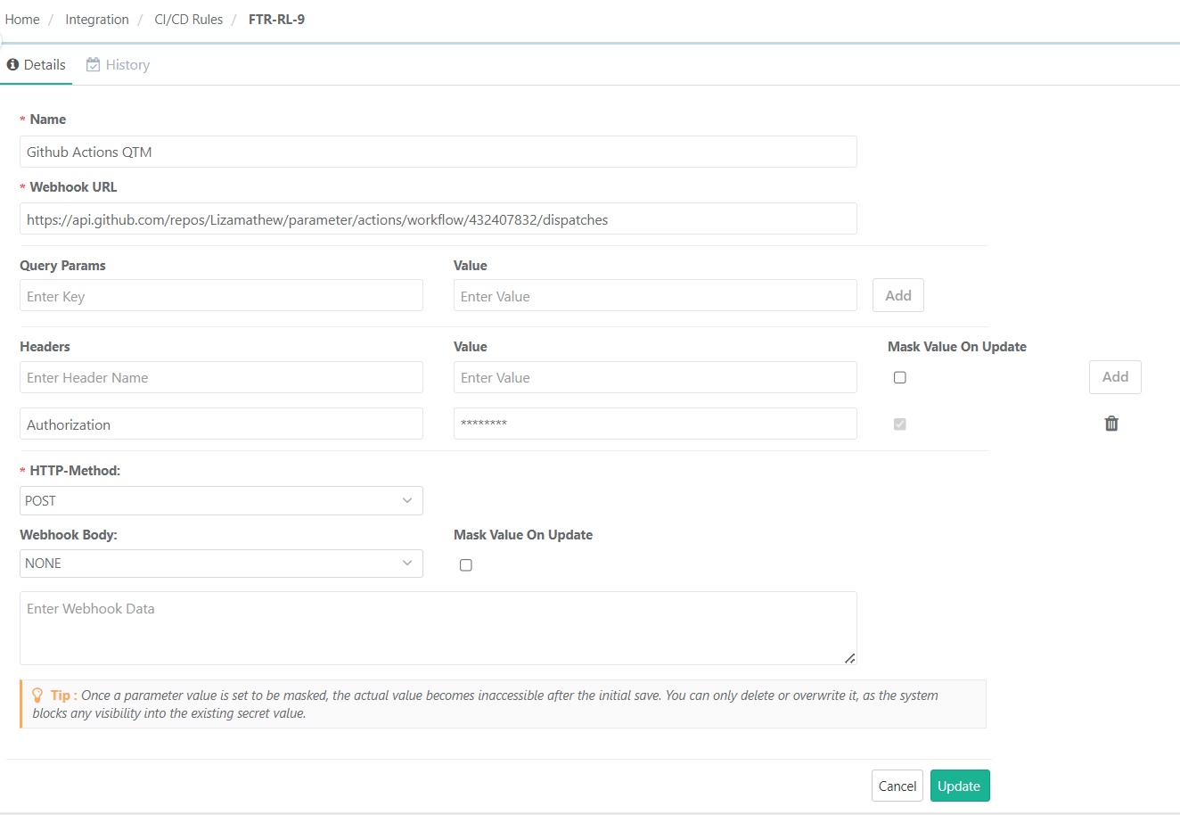 CI/CD rule configuration for “GitHub Actions QTM” displaying a webhook URL, masked Authorization header, POST method, and webhook body set to NONE with no query parameters defined.