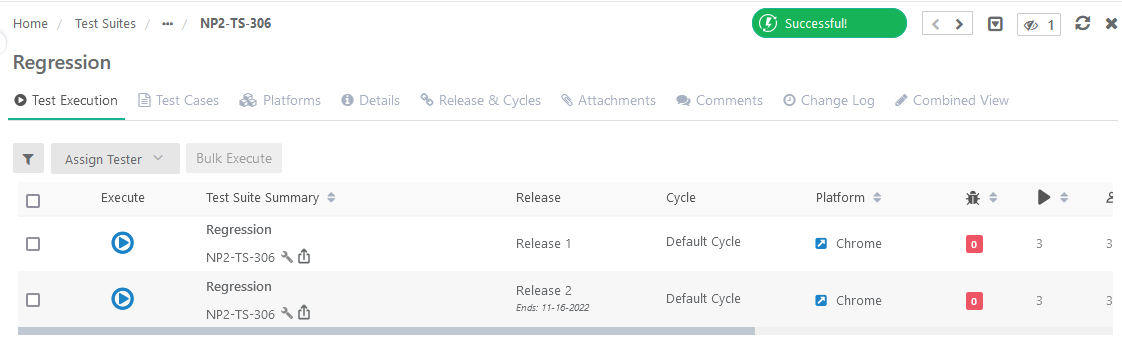 Test Execution screen of the Regression test suite showing a green success banner indicating CI/CD rule execution was successful.