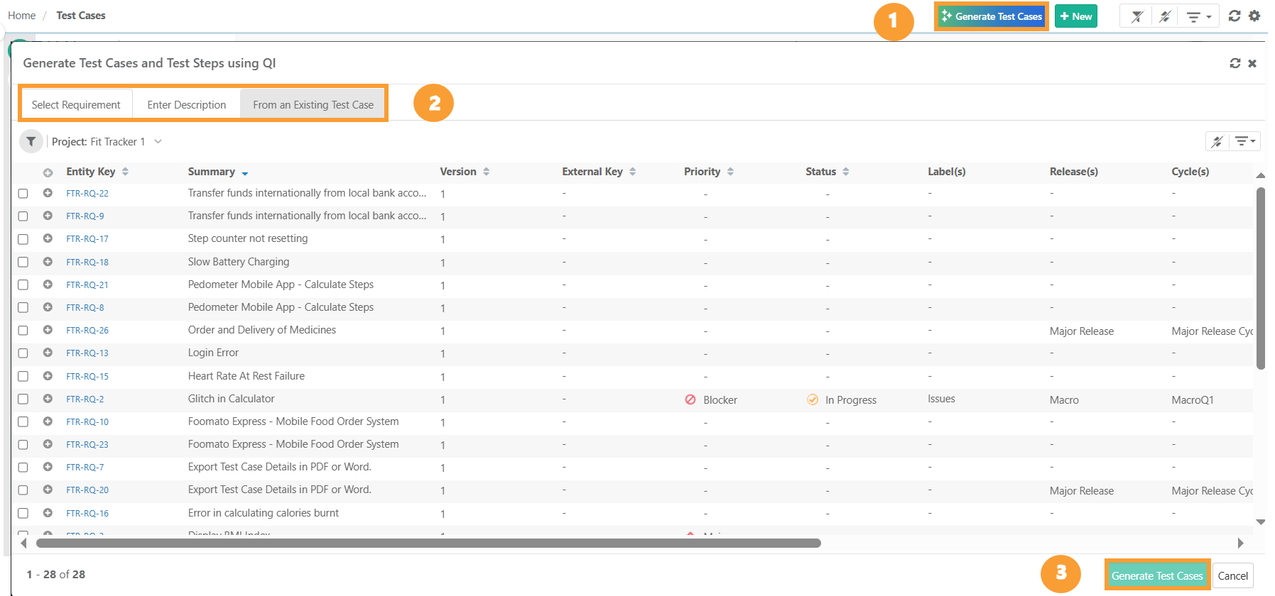 Auto-Generating Test Cases from the Test Case Module Screenshot showing the Test Case module with the “Generate Test Cases” button highlighted. At the bottom of the panel, a button to finalize generation is also highlighted.