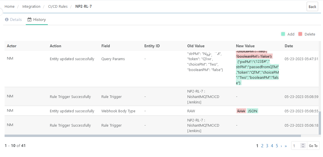 CI/CD Rule history tab showing actions performed on the rule, including updates, triggers, and changes in field values.