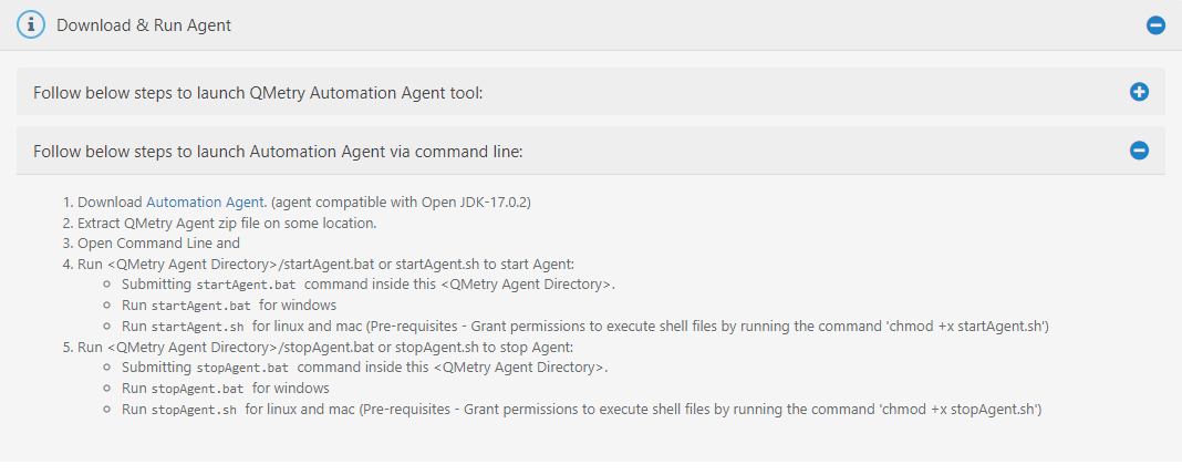 QMetry Automation Agent Download and Run on Linux/MacOS Command Line Screenshot of the “Download & Run Agent” section in QMetry showing detailed steps to download, extract, and run the Automation Agent via Linux or MacOS command line, including start and stop commands with prerequisite shell permission settings.
