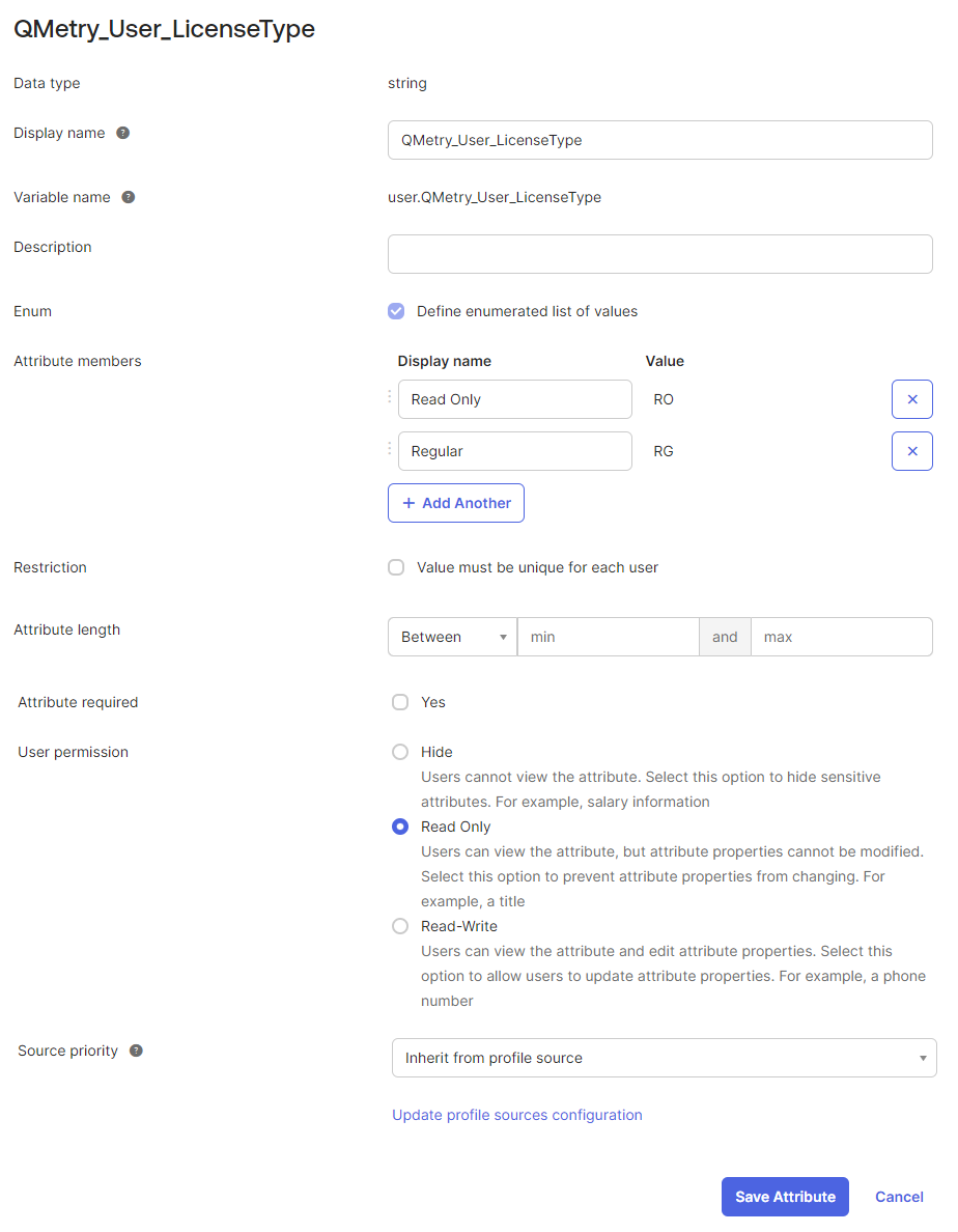 Configure and Save Custom Attribute “QMetry_User_LicenseType” in Okta Okta Attribute Configuration screen for the custom attribute QMetry_User_LicenseType. The attribute is defined with data type string and variable name user.QMetry_User_LicenseType. Under Enum, two values — Read Only (RO) and Regular (RG) — are listed. Read Only user permission is selected to restrict modification, and the Save Attribute button is available at the bottom to confirm the configuration.