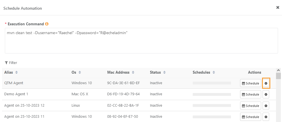 QMetry Manage Automation Agent Schedules Screenshot of the Schedule Automation window in QMetry showing an execution command input field and a list of registered agents with details such as alias, OS, MAC address, status, schedules, and actions to schedule or manage tasks.