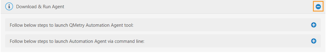 QMetry Download & Run Agent on Windows Command Line Screenshot of the “Download & Run Agent” section in QMetry showing expandable instructions to launch the Automation Agent via the Windows command line.