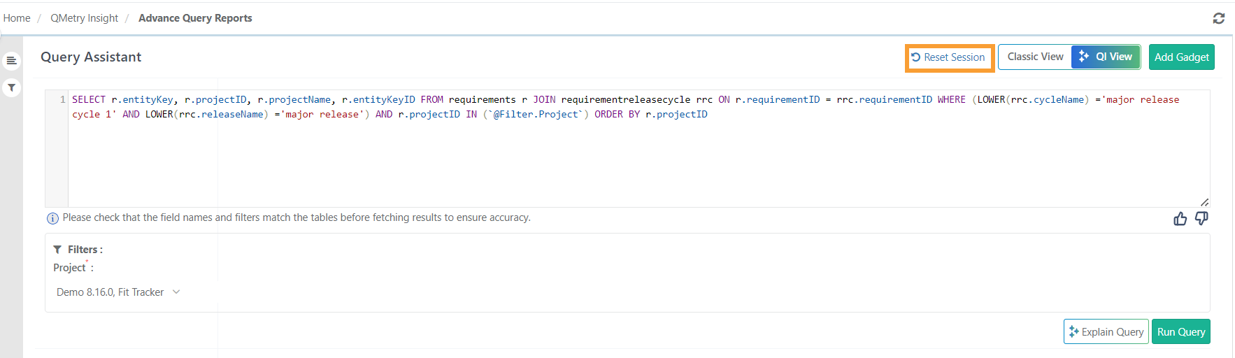 QMetry Query Assistant screen showing an SQL query with the “Reset Session” button highlighted. This option allows users to clear the current session, remove applied filters, and start a new query-building process from scratch.