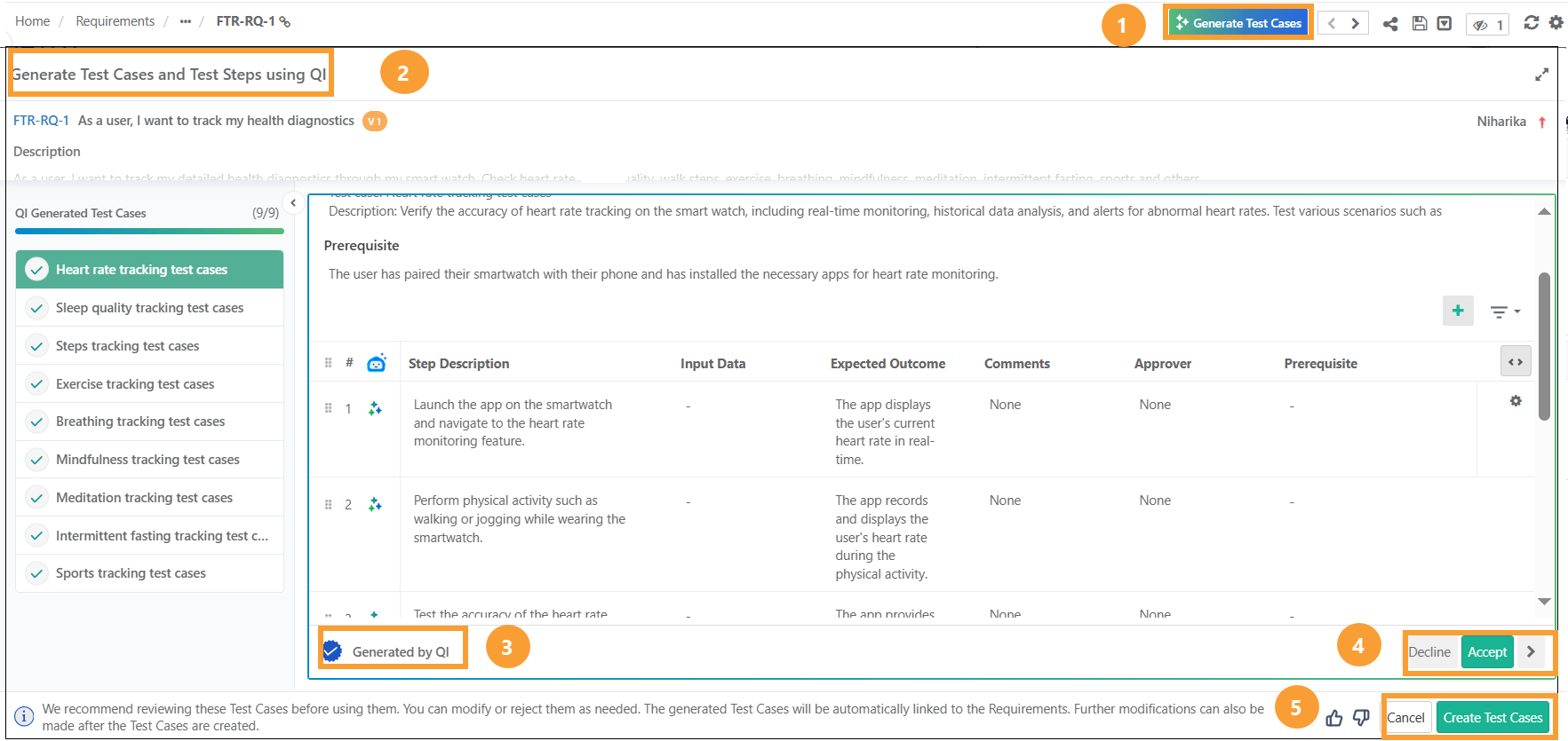 Generating Test Cases and Steps Using QI Screenshot displaying the Generate Test Cases and Test Steps using QI interface, with highlighted elements including the QI-generated test case list, “Generated by QI” badge, Accept/Decline buttons, and the Create Test Cases button.