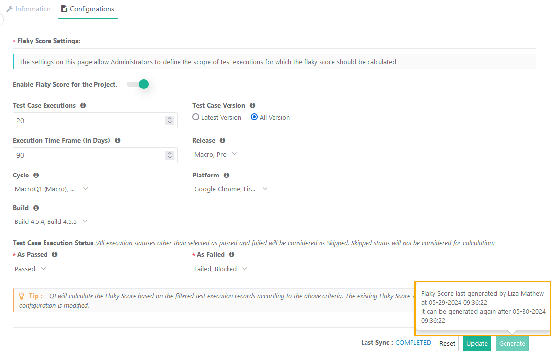 QMetry Flaky Score Settings configuration page displaying parameters for calculating flaky scores in a project. Options include defining Test Case Executions, Version scope, Execution Time Frame (in Days), Release, Cycle, Platform, and Build. The As Passed and As Failed statuses determine which test executions are included.