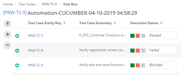 QMetry Test Execution Results Screenshot of the Test Run page in QMetry showing execution results for test cases within a suite. The table lists test case entity key, summary, and execution status with outcomes such as Passed, Failed, and Blocked.