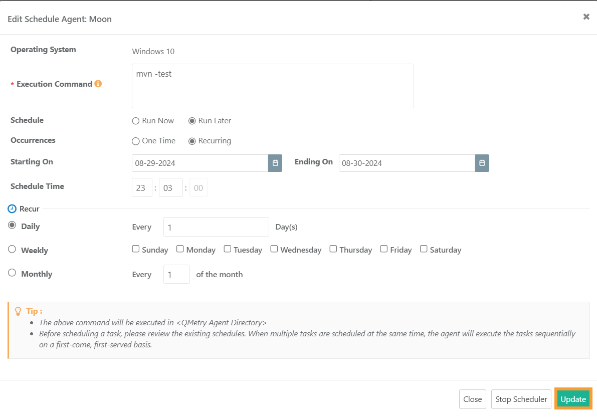QMetry Update Scheduled Task Screenshot of the Edit Schedule Agent window in QMetry showing execution command, Run Later with Recurring occurrence, start and end dates, schedule time, recurrence frequency, and the Update button highlighted.