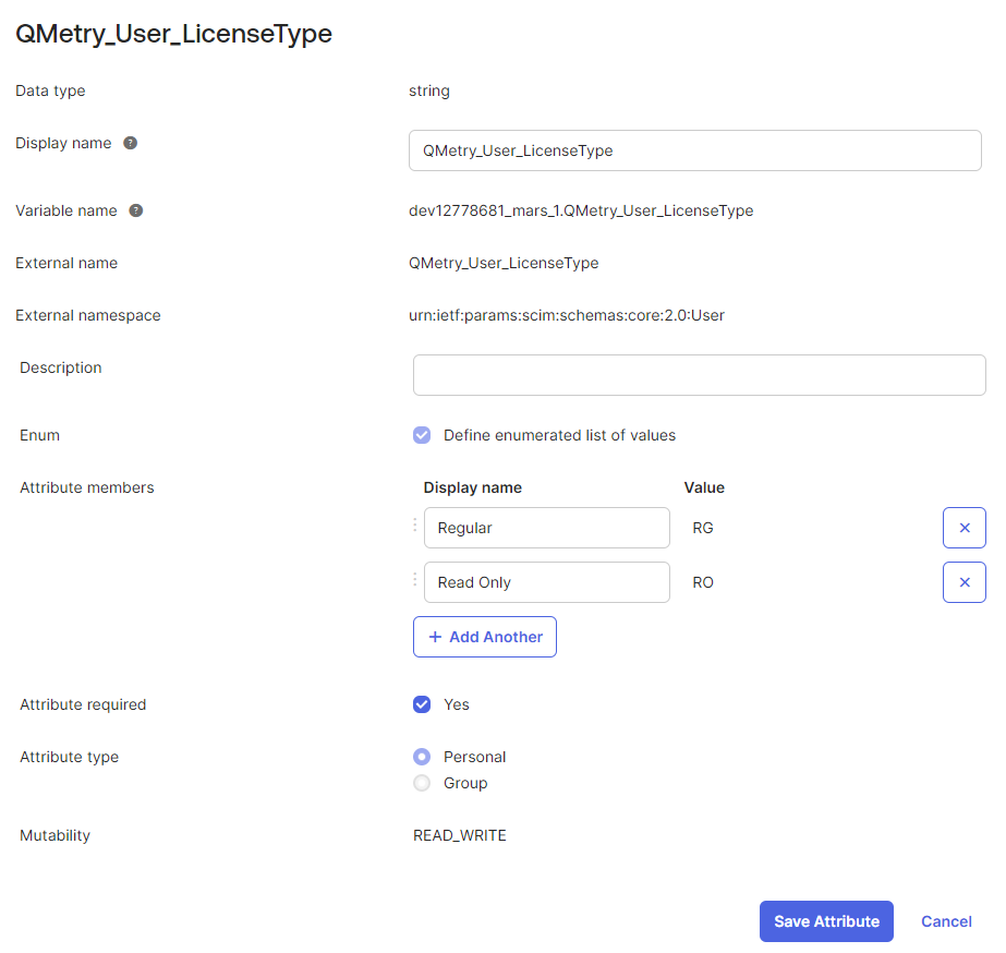 Define and Save Enumerated Values for QMetry_User_LicenseType Okta attribute configuration screen for QMetry_User_LicenseType under the QTM App SCIM profile. The attribute is defined as a string type with variable name dev12778681_mars_1.QMetry_User_LicenseType and external namespace urn:ietf:params:scim:schemas:core:2.0:User. The Enum option is enabled with two values — Regular (RG) and Read Only (RO). The Attribute required checkbox is selected, Personal attribute type is chosen, and Mutability is set to READ_WRITE. The Save Attribute button is visible