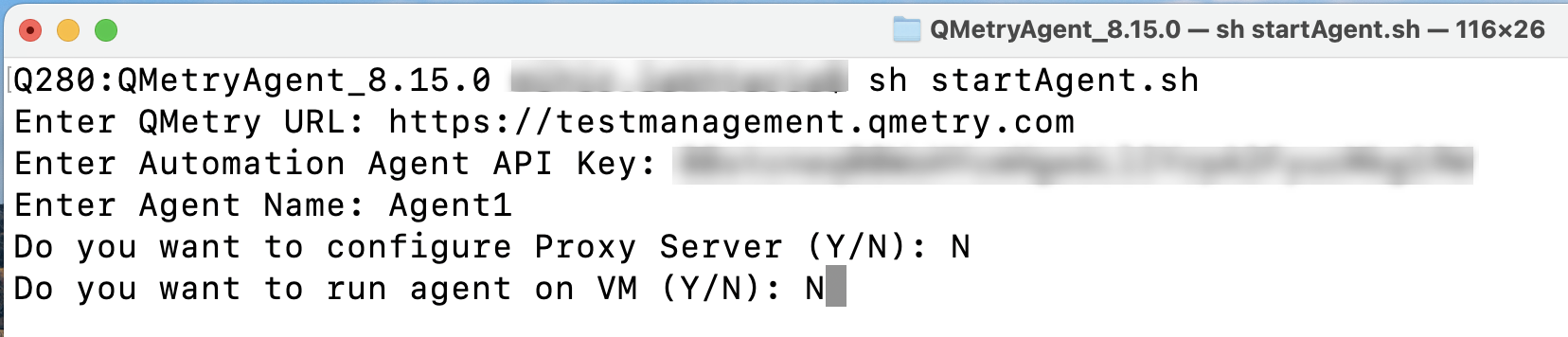 Grant Execute Permissions for QMetry Automation Agent Scripts on Linux/MacOS Screenshot of a MacOS terminal inside the QMetryAgent_8.15.0 directory showing the commands chmod +x startAgent.sh and chmod +x stopAgent.sh being executed to grant script permissions.