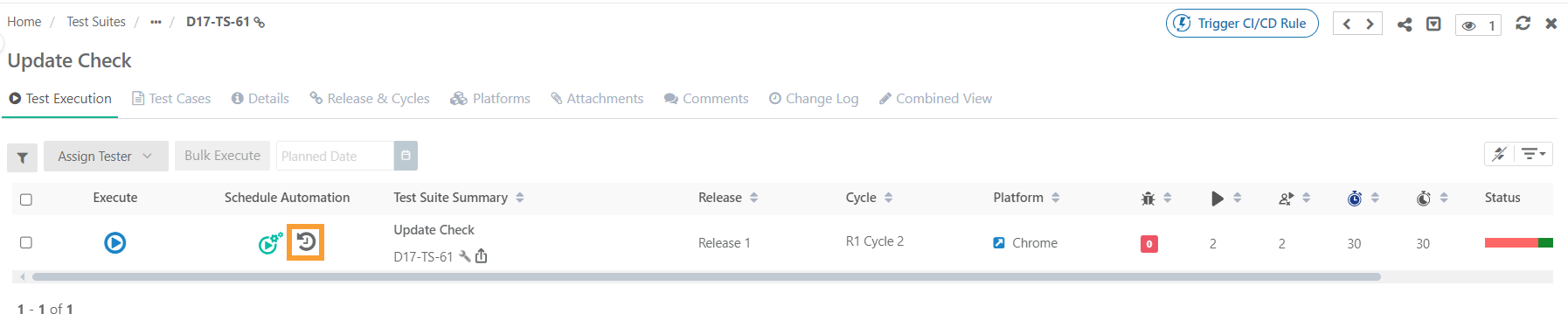 QMetry Test Execution: View Automation History Screenshot of the Test Execution screen in QMetry for the test suite "Update Check." The Schedule Automation column shows an icon to view automation history, with details including test suite summary, release, cycle, platform, execution statistics, and status.